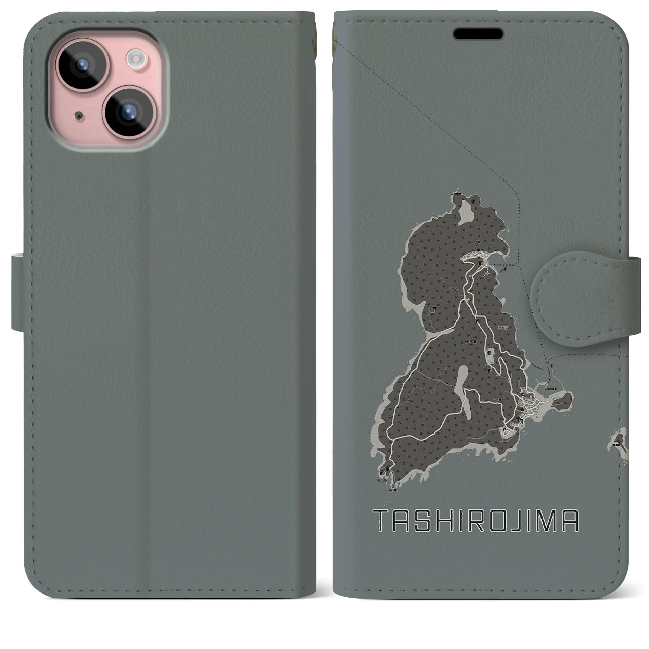 【田代島(宮城県)】地図柄iPhoneケース(手帳タイプ)モノトーン・iPhone 15 Plus 用