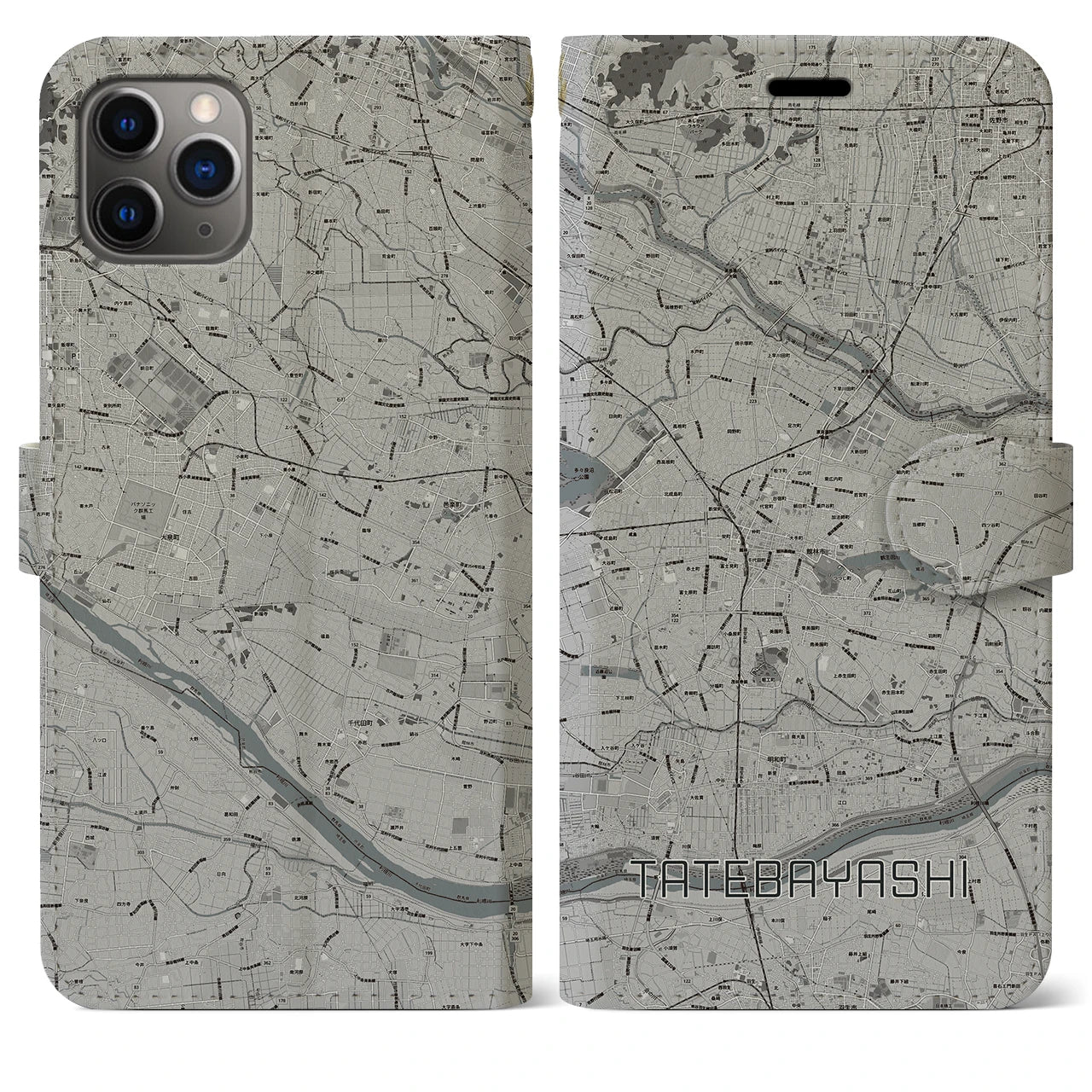 【館林(群馬県)】地図柄iPhoneケース(手帳タイプ)モノトーン・iPhone 11 Pro Max 用