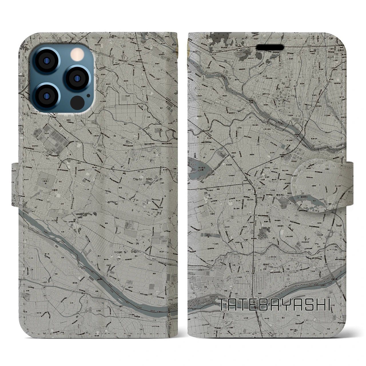【館林(群馬県)】地図柄iPhoneケース(手帳タイプ)モノトーン・iPhone 12 / 12 Pro 用