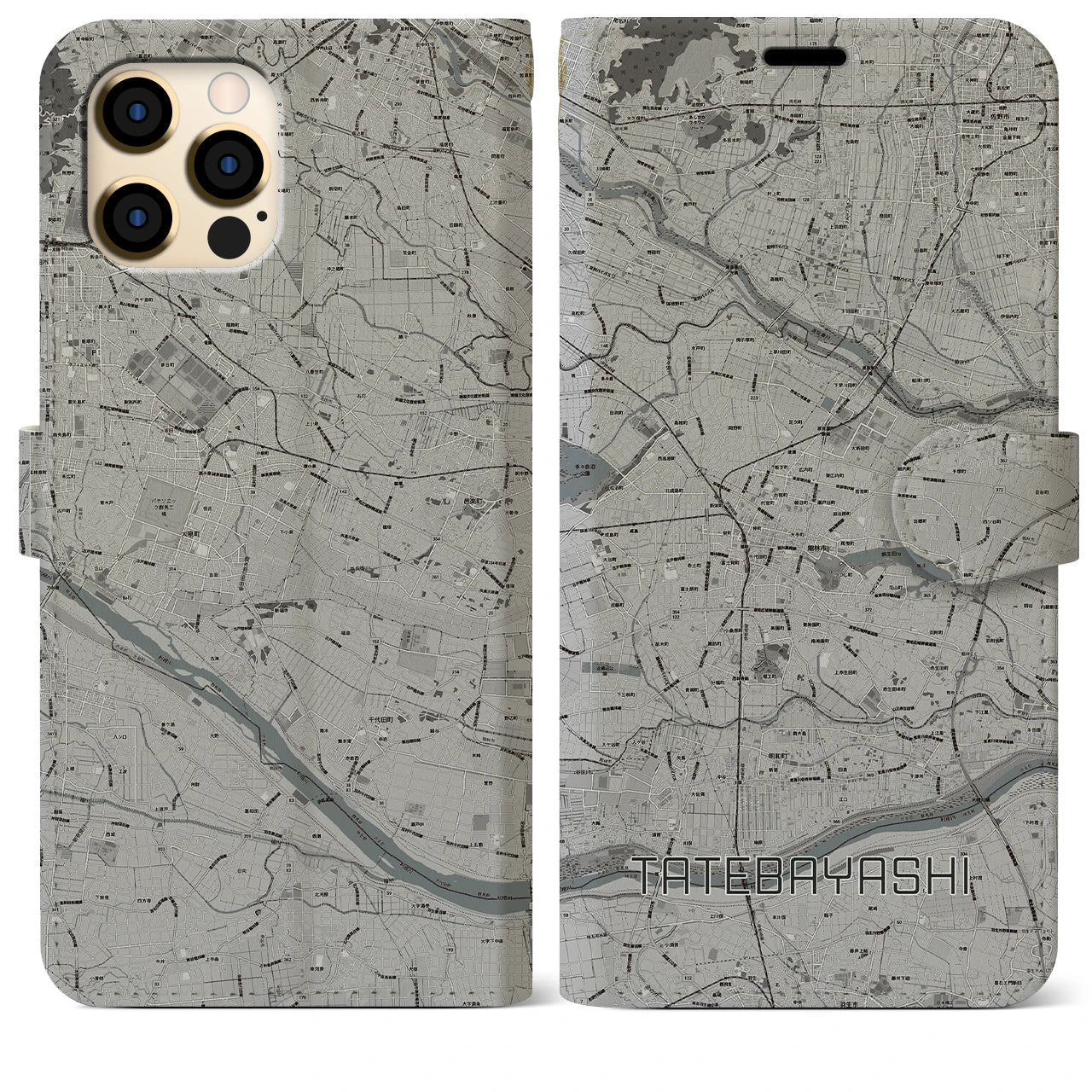 【館林(群馬県)】地図柄iPhoneケース(手帳タイプ)モノトーン・iPhone 12 Pro Max 用