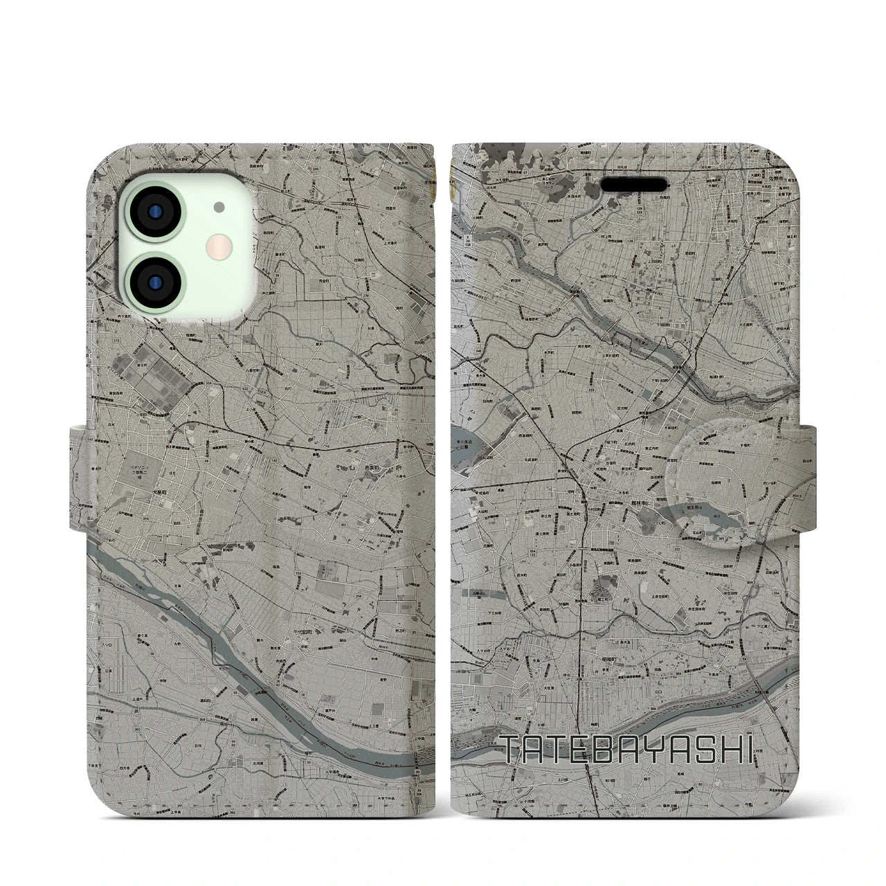 【館林(群馬県)】地図柄iPhoneケース(手帳タイプ)モノトーン・iPhone 12 mini 用