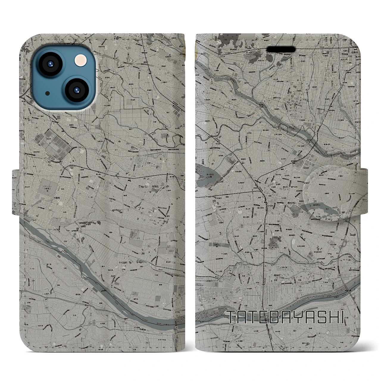 【館林(群馬県)】地図柄iPhoneケース(手帳タイプ)モノトーン・iPhone 13 用