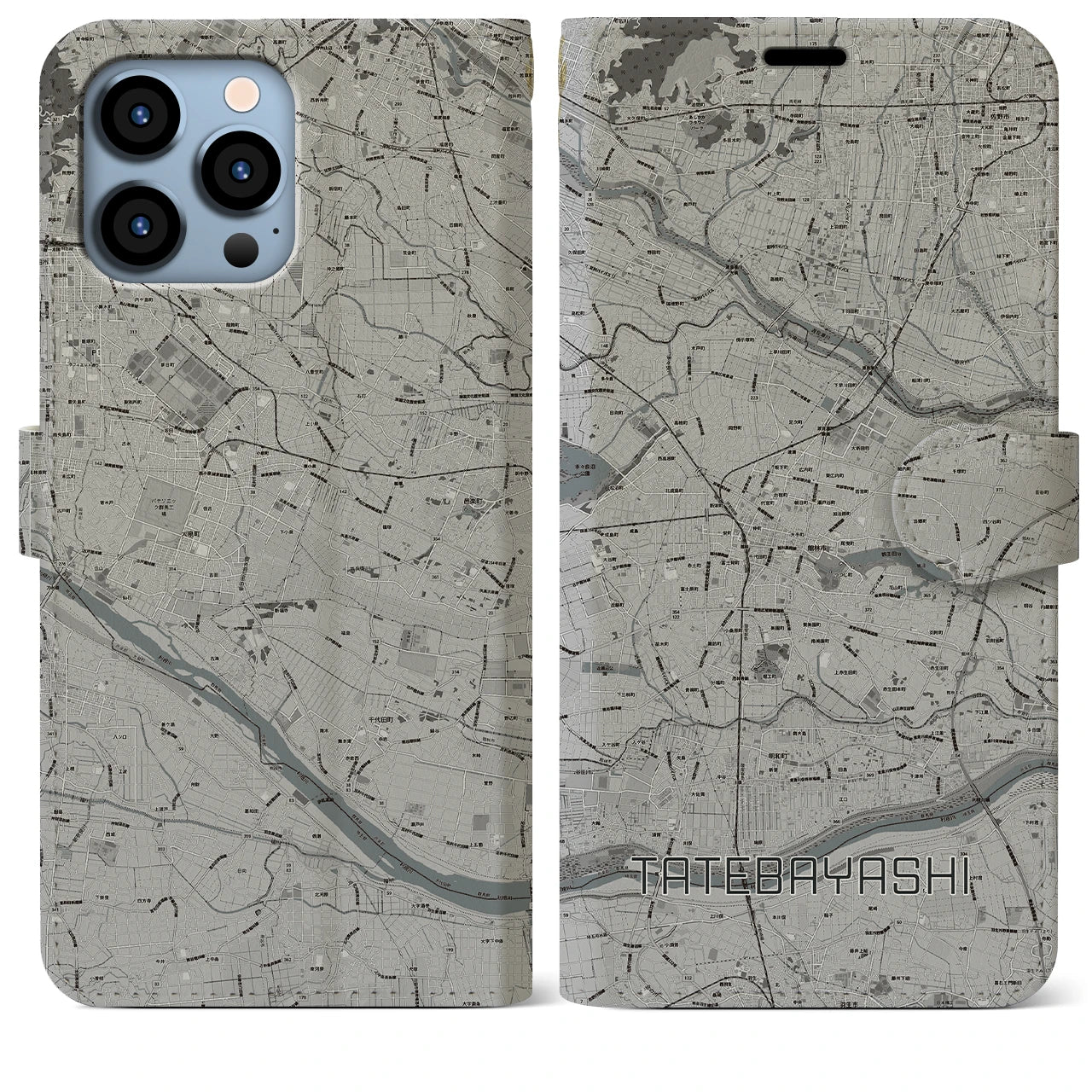 【館林(群馬県)】地図柄iPhoneケース(手帳タイプ)モノトーン・iPhone 13 Pro Max 用