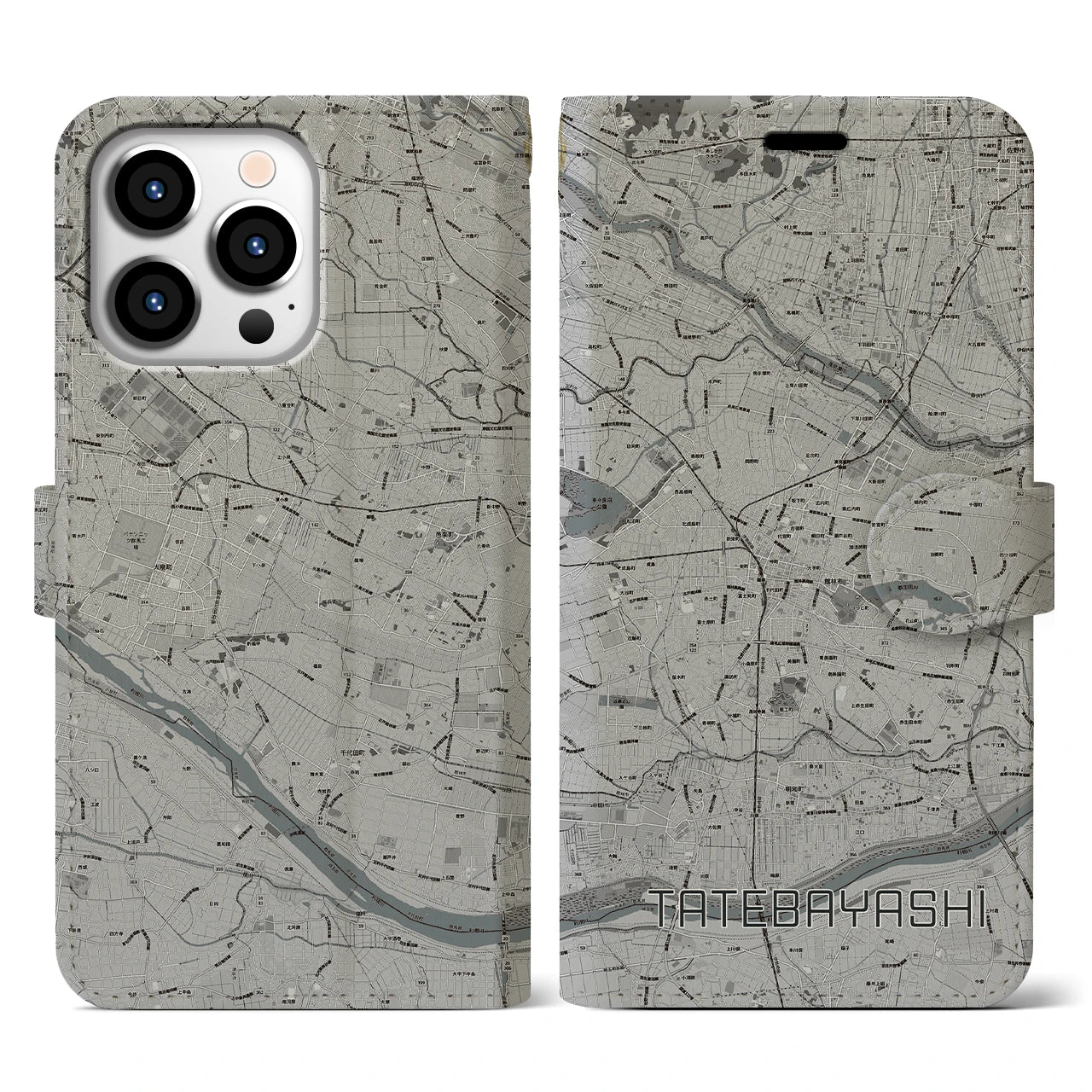 【館林(群馬県)】地図柄iPhoneケース(手帳タイプ)モノトーン・iPhone 13 Pro 用