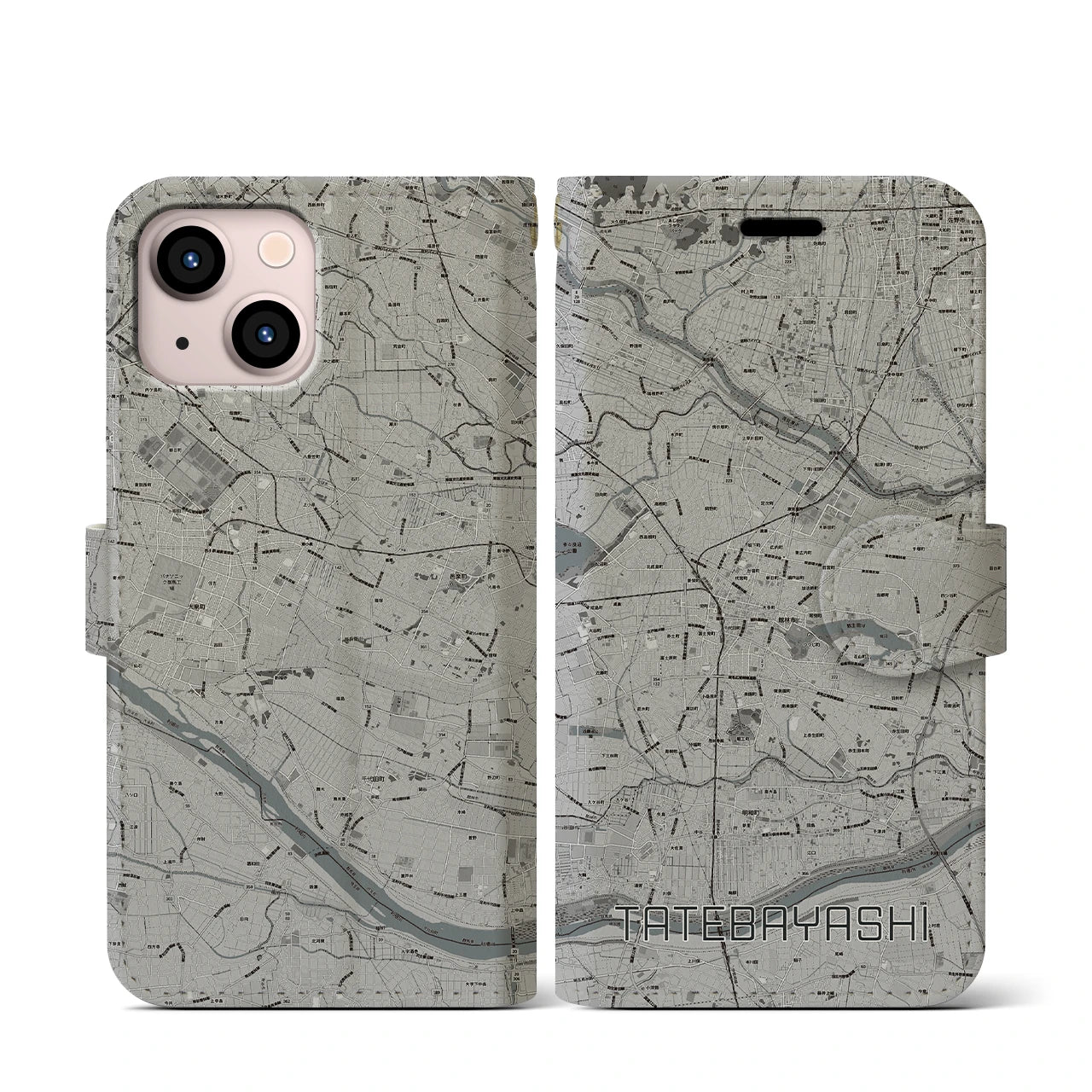【館林(群馬県)】地図柄iPhoneケース(手帳タイプ)モノトーン・iPhone 13 mini 用