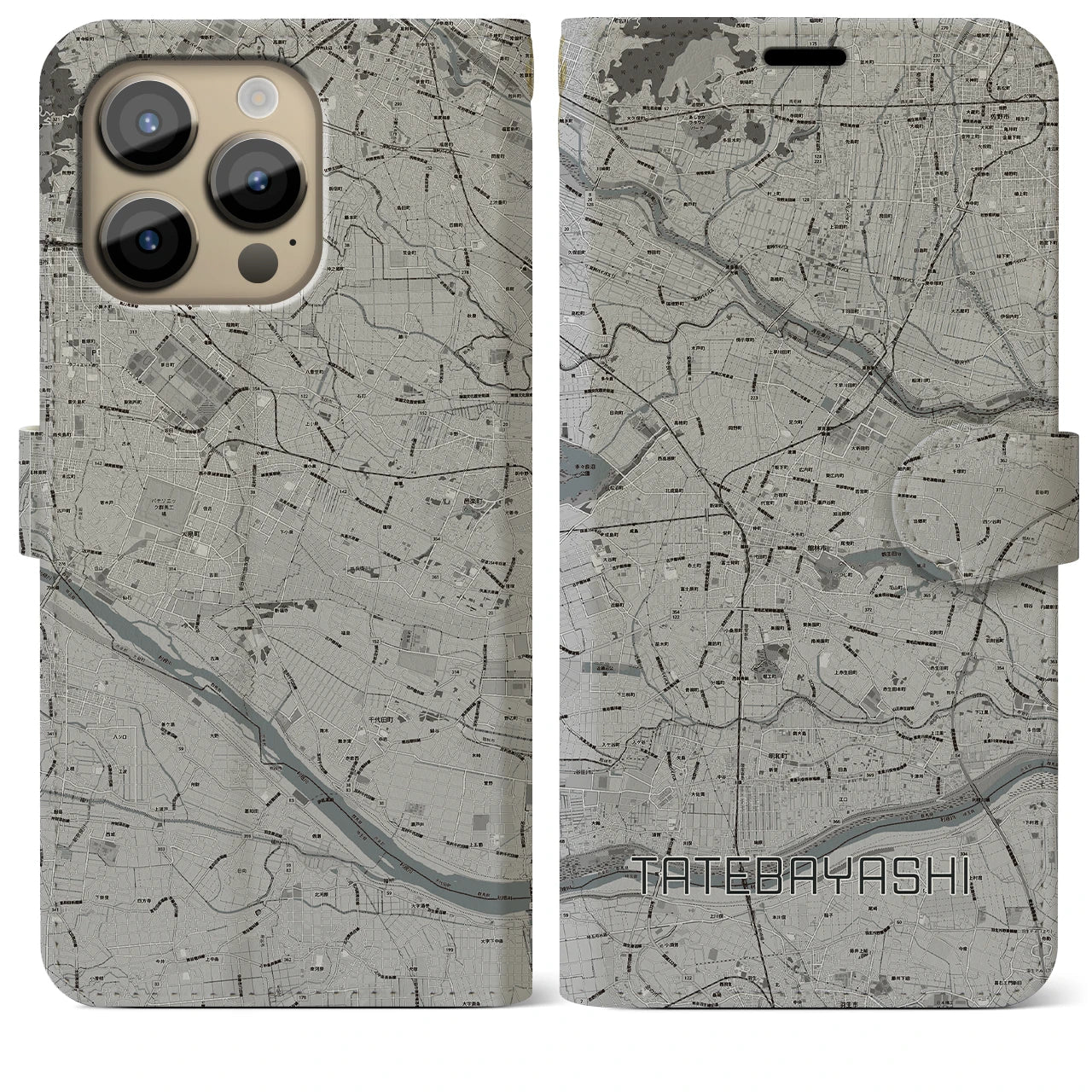 【館林(群馬県)】地図柄iPhoneケース(手帳タイプ)モノトーン・iPhone 14 Pro Max 用