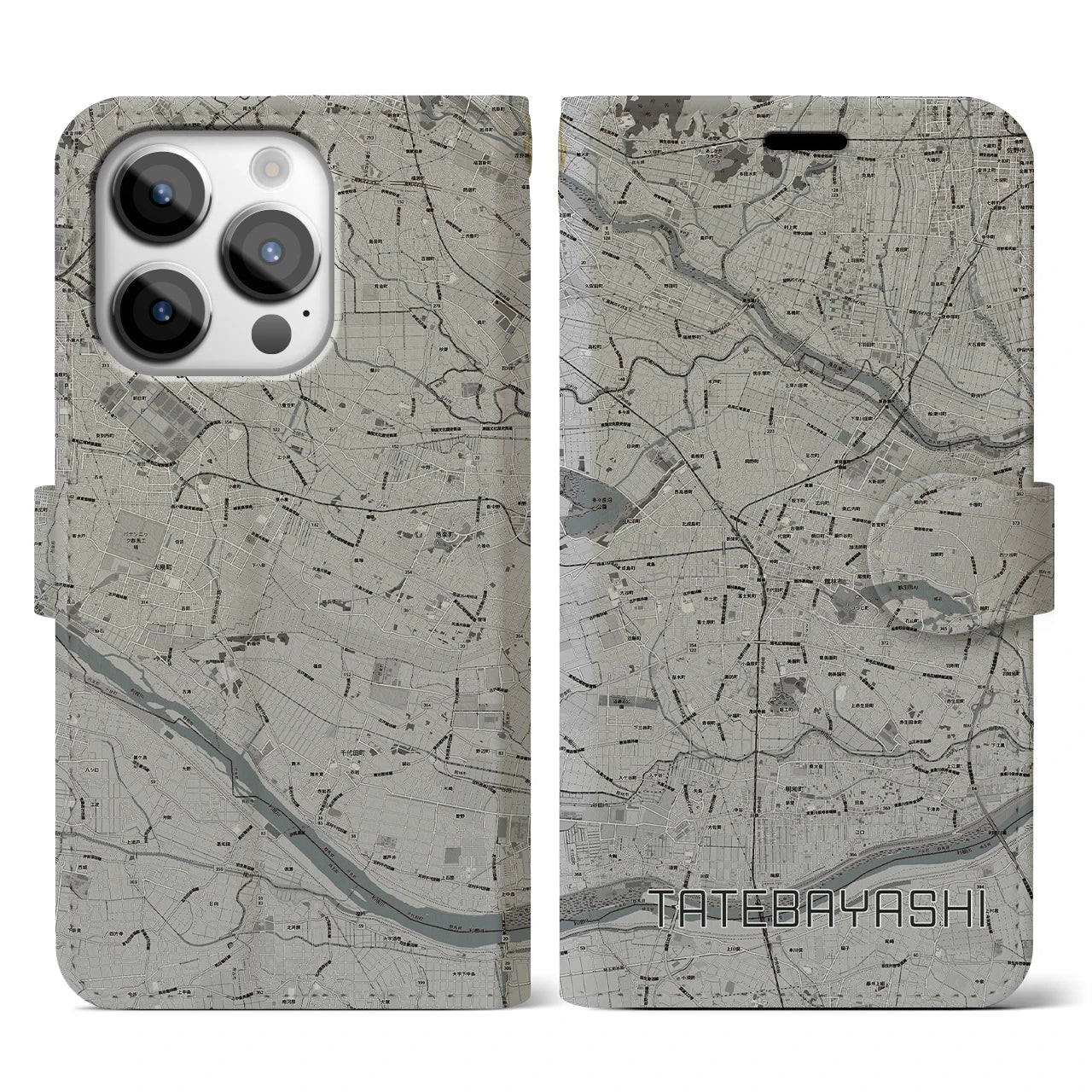 【館林(群馬県)】地図柄iPhoneケース(手帳タイプ)モノトーン・iPhone 14 Pro 用