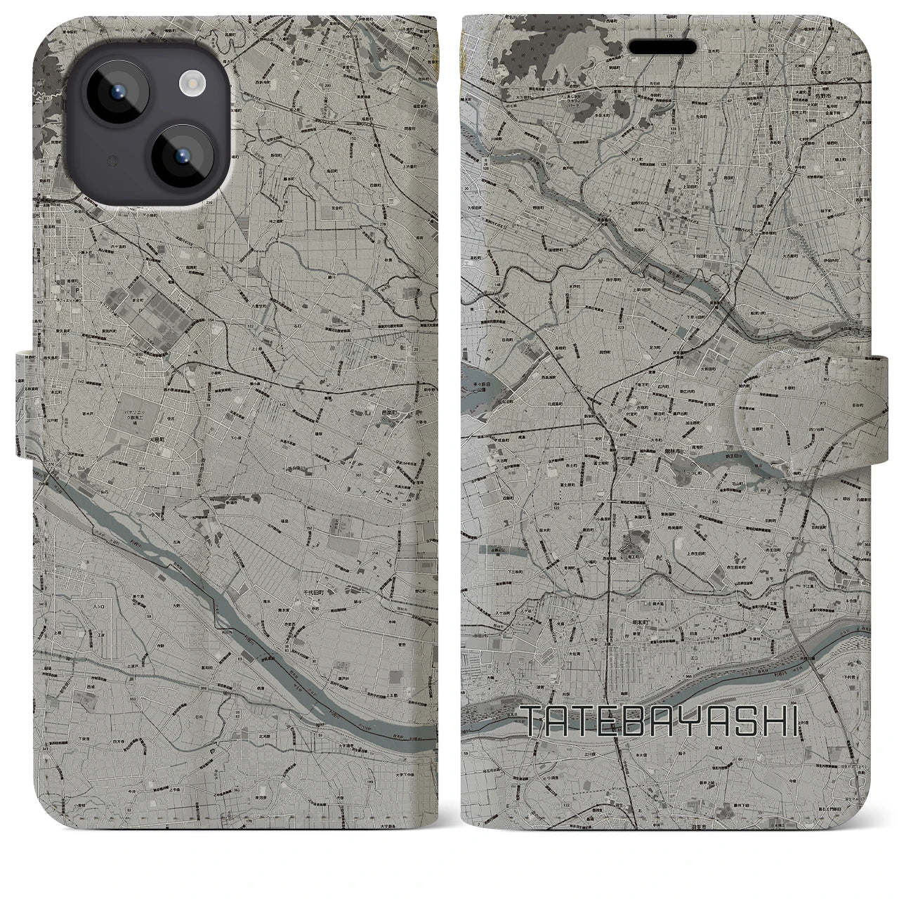 【館林(群馬県)】地図柄iPhoneケース(手帳タイプ)モノトーン・iPhone 14 Plus 用