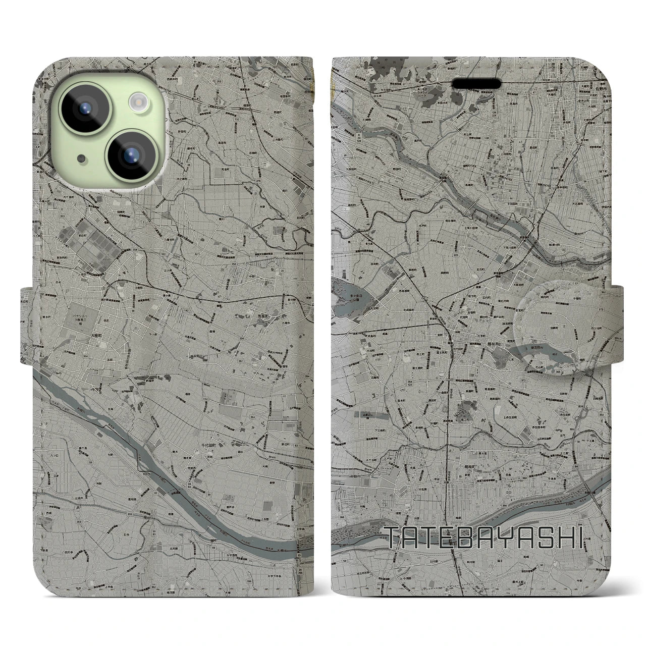 【館林(群馬県)】地図柄iPhoneケース(手帳タイプ)モノトーン・iPhone 15 用