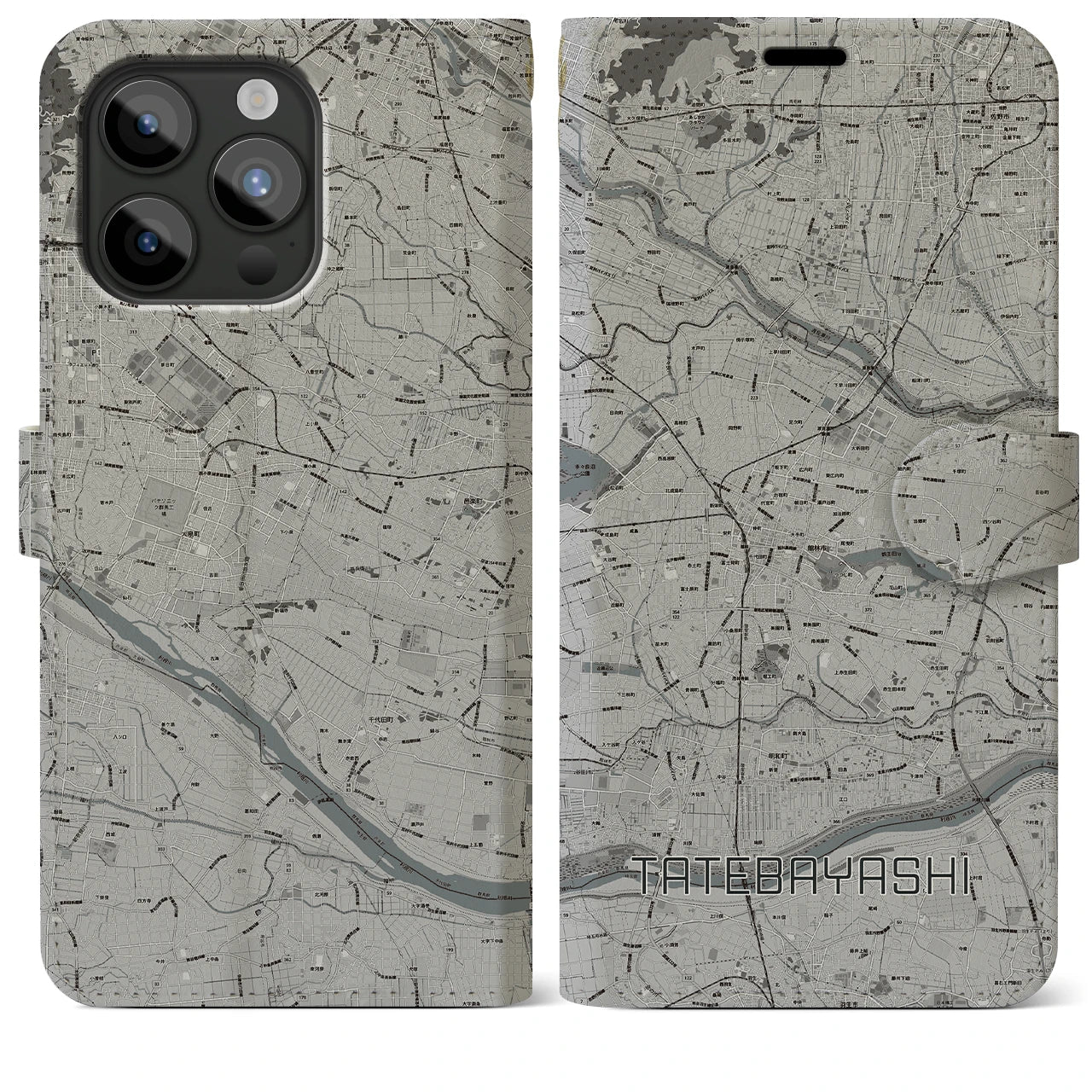 【館林(群馬県)】地図柄iPhoneケース(手帳タイプ)モノトーン・iPhone 15 Pro Max 用