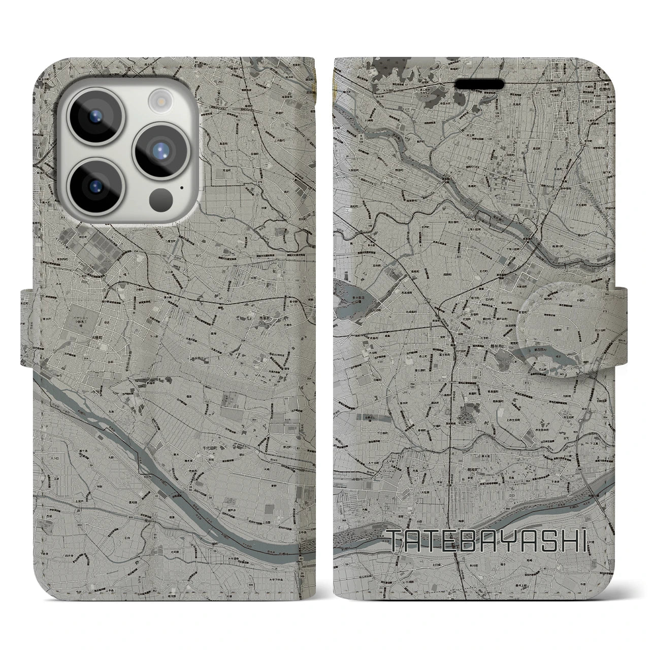 【館林(群馬県)】地図柄iPhoneケース(手帳タイプ)モノトーン・iPhone 15 Pro 用