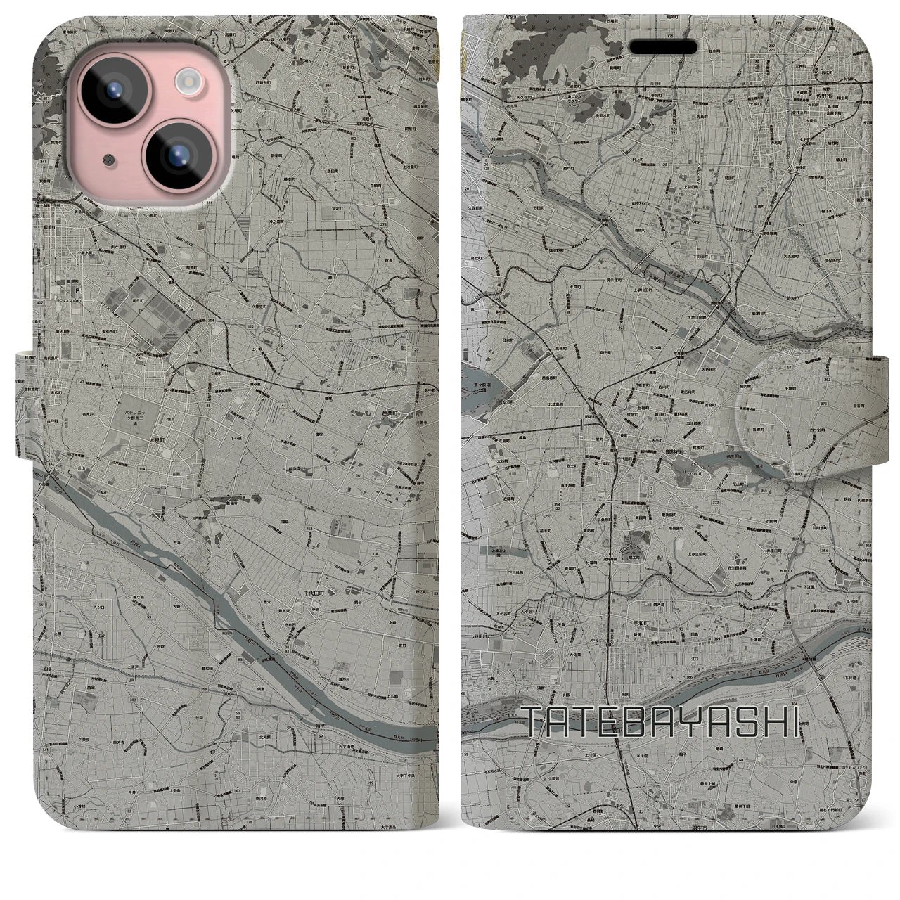 【館林(群馬県)】地図柄iPhoneケース(手帳タイプ)モノトーン・iPhone 15 Plus 用