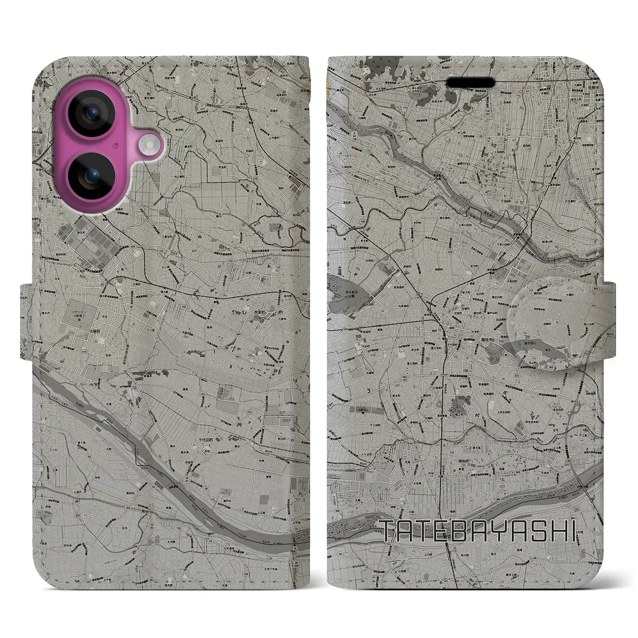 【館林(群馬県)】地図柄iPhoneケース(手帳タイプ)モノトーン・iPhone 16 Pro 用