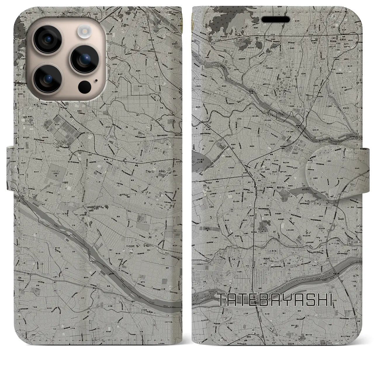 【館林(群馬県)】地図柄iPhoneケース(手帳タイプ)モノトーン・iPhone 16 Plus 用