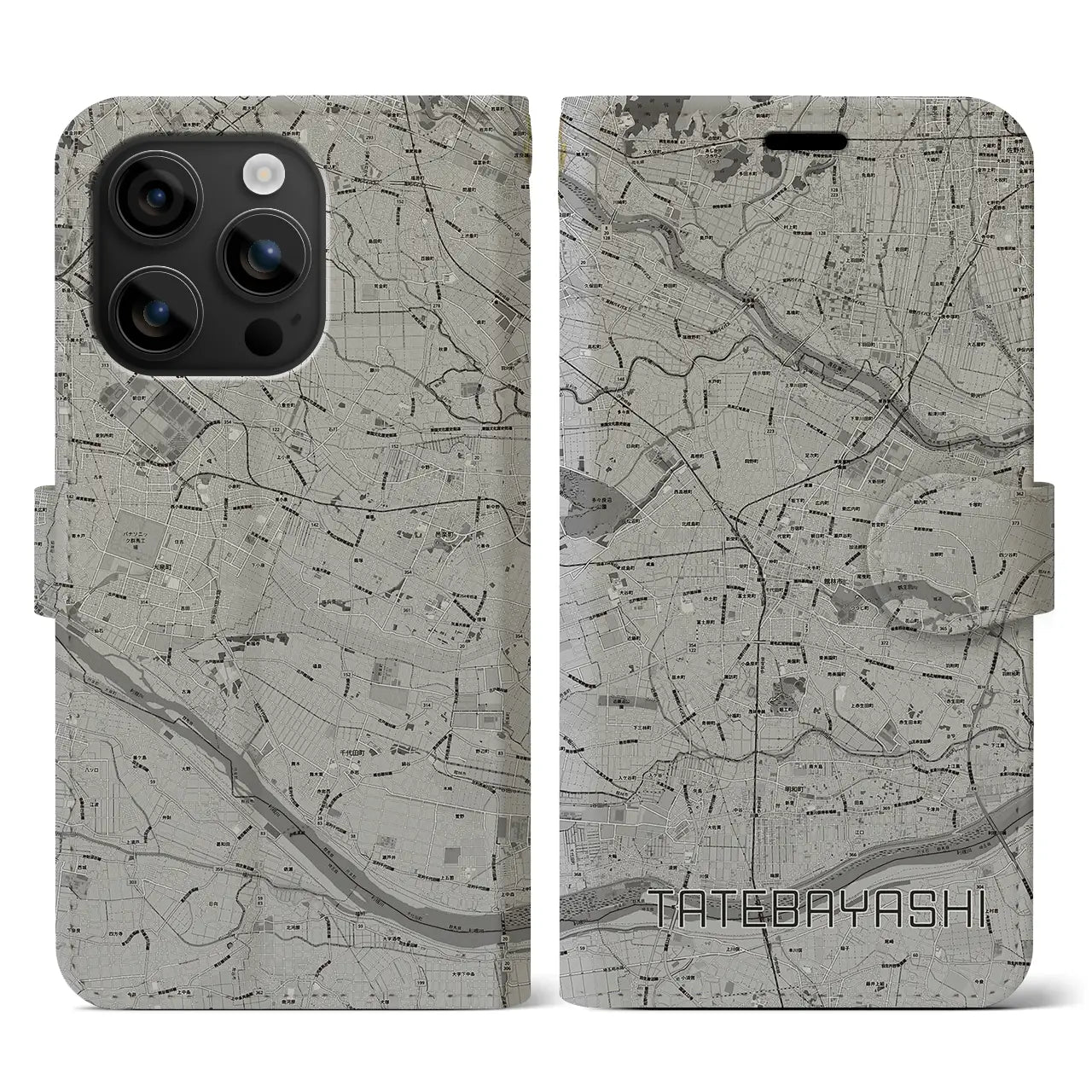 【館林(群馬県)】地図柄iPhoneケース(手帳タイプ)モノトーン・iPhone 16 用