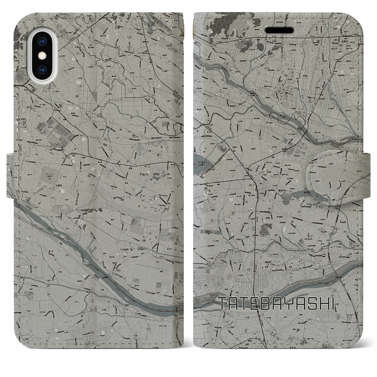 【館林(群馬県)】地図柄iPhoneケース(手帳タイプ)モノトーン・iPhone XS Max 用
