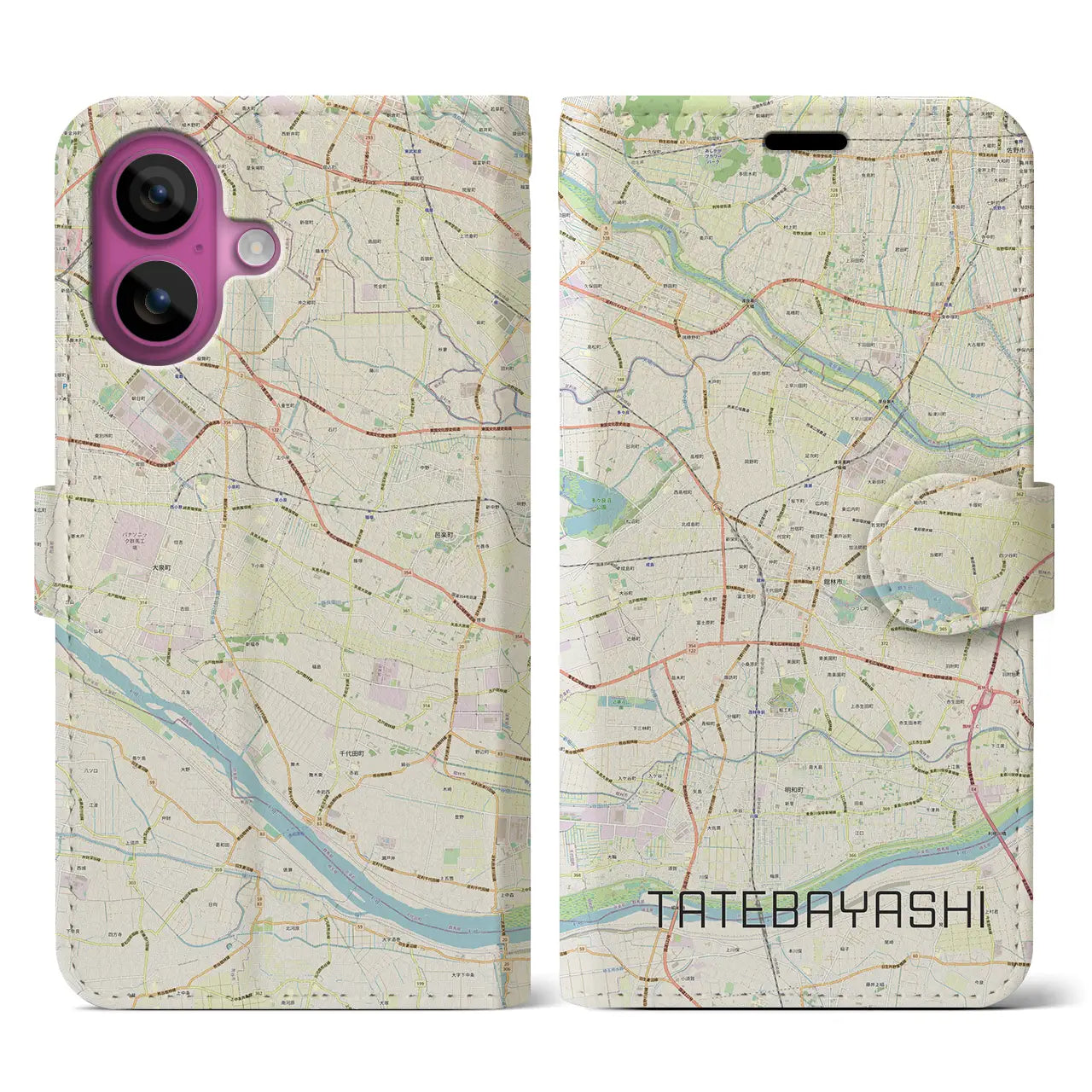 【館林(群馬県)】地図柄iPhoneケース(手帳タイプ)ナチュラル・iPhone 16 Pro 用