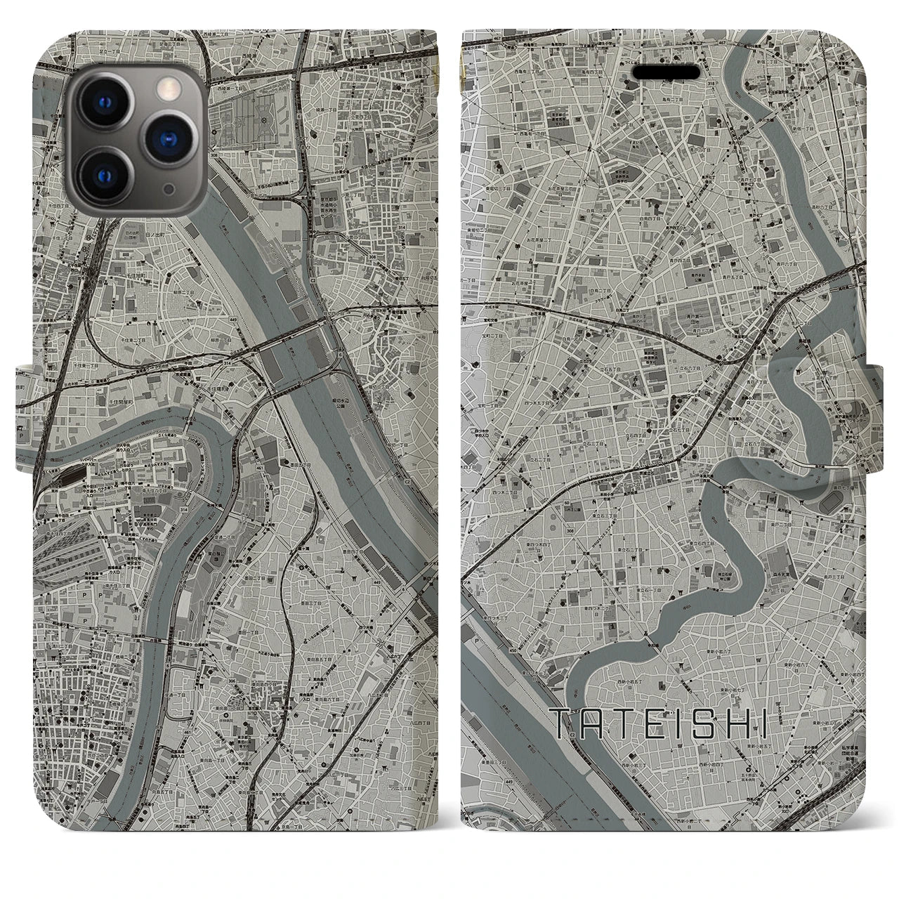 【立石(東京都)】地図柄iPhoneケース(手帳タイプ)モノトーン・iPhone 11 Pro Max 用