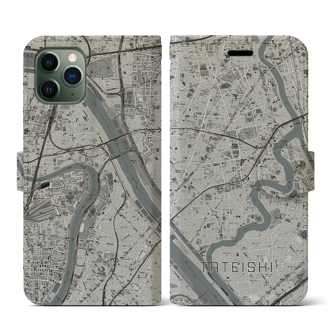 【立石(東京都)】地図柄iPhoneケース(手帳タイプ)モノトーン・iPhone 11 Pro 用