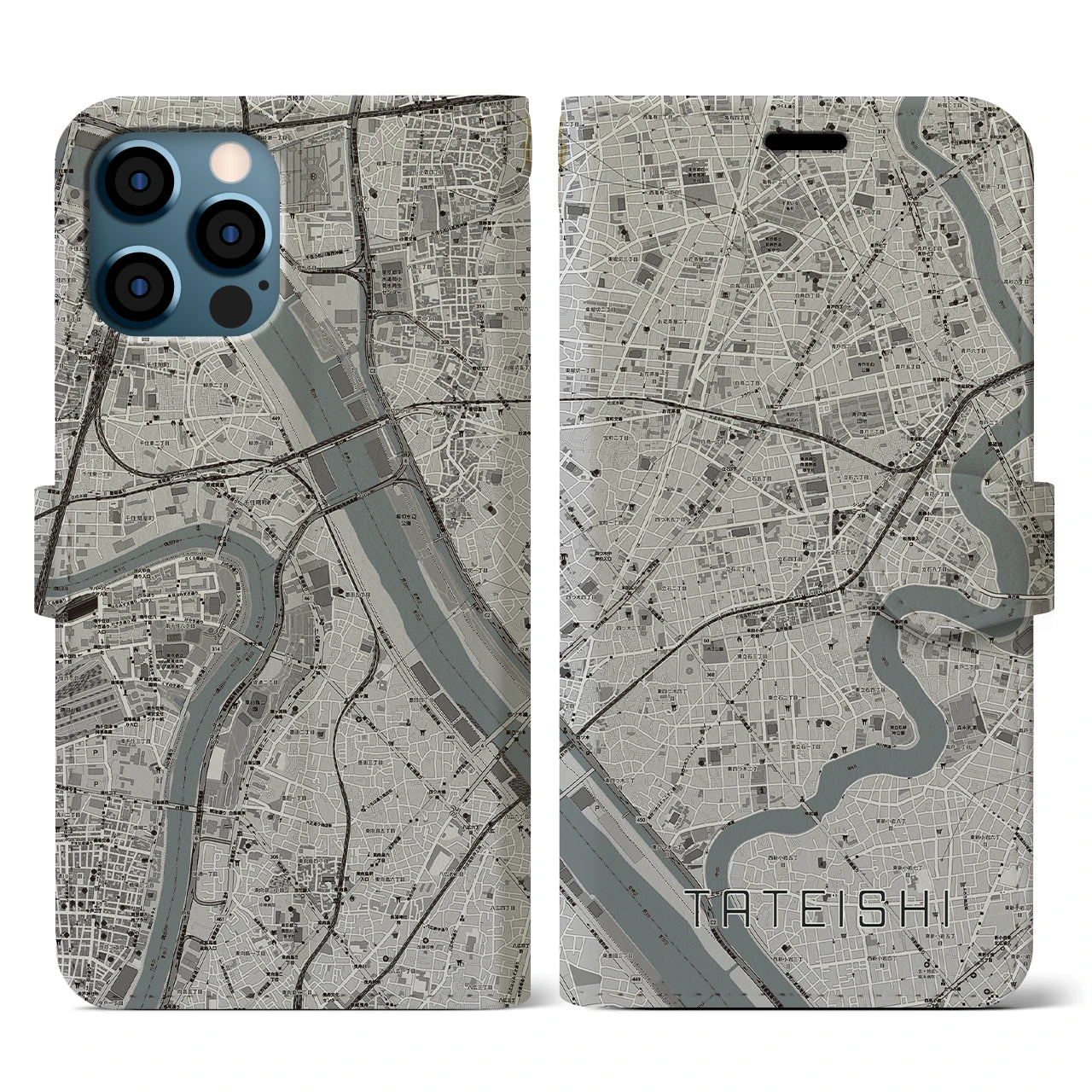 【立石(東京都)】地図柄iPhoneケース(手帳タイプ)モノトーン・iPhone 12 / 12 Pro 用