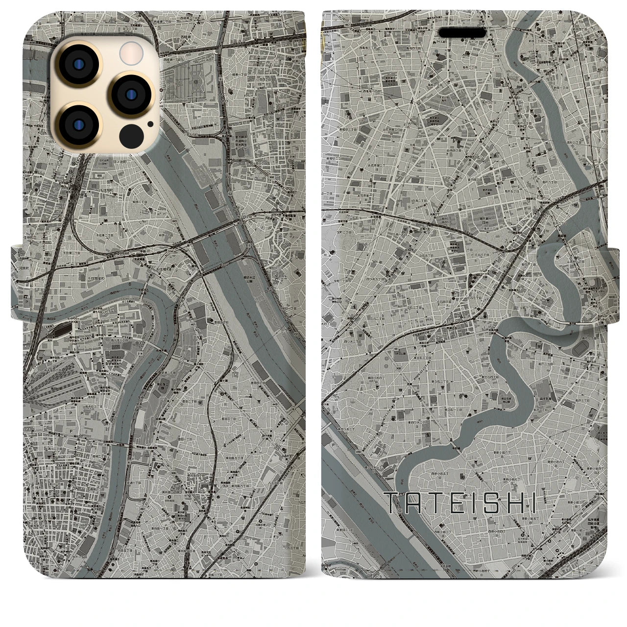 【立石(東京都)】地図柄iPhoneケース(手帳タイプ)モノトーン・iPhone 12 Pro Max 用