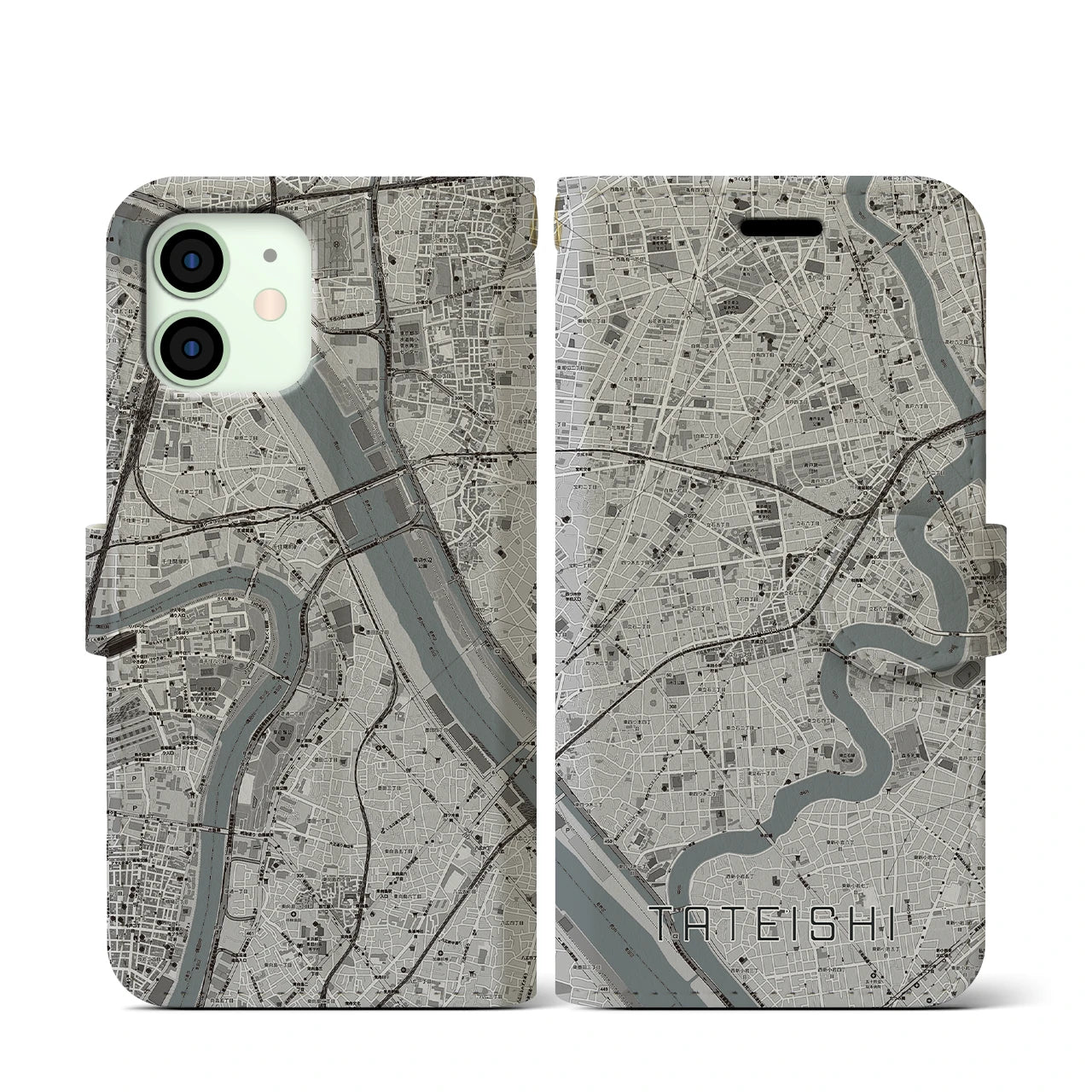 【立石(東京都)】地図柄iPhoneケース(手帳タイプ)モノトーン・iPhone 12 mini 用