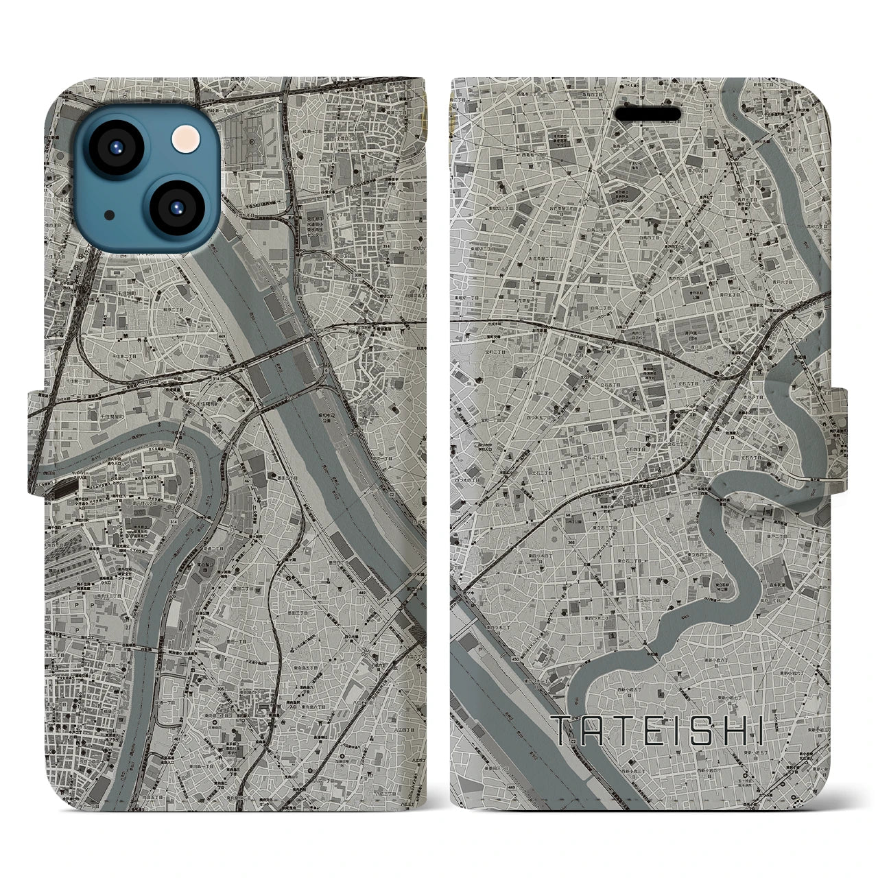 【立石(東京都)】地図柄iPhoneケース(手帳タイプ)モノトーン・iPhone 13 用