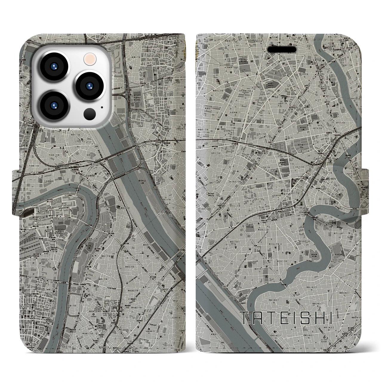 【立石(東京都)】地図柄iPhoneケース(手帳タイプ)モノトーン・iPhone 13 Pro 用