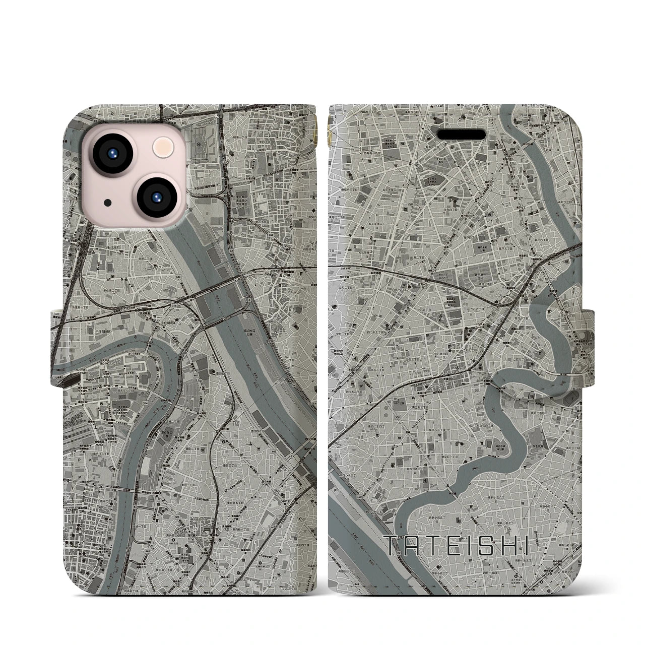 【立石(東京都)】地図柄iPhoneケース(手帳タイプ)モノトーン・iPhone 13 mini 用