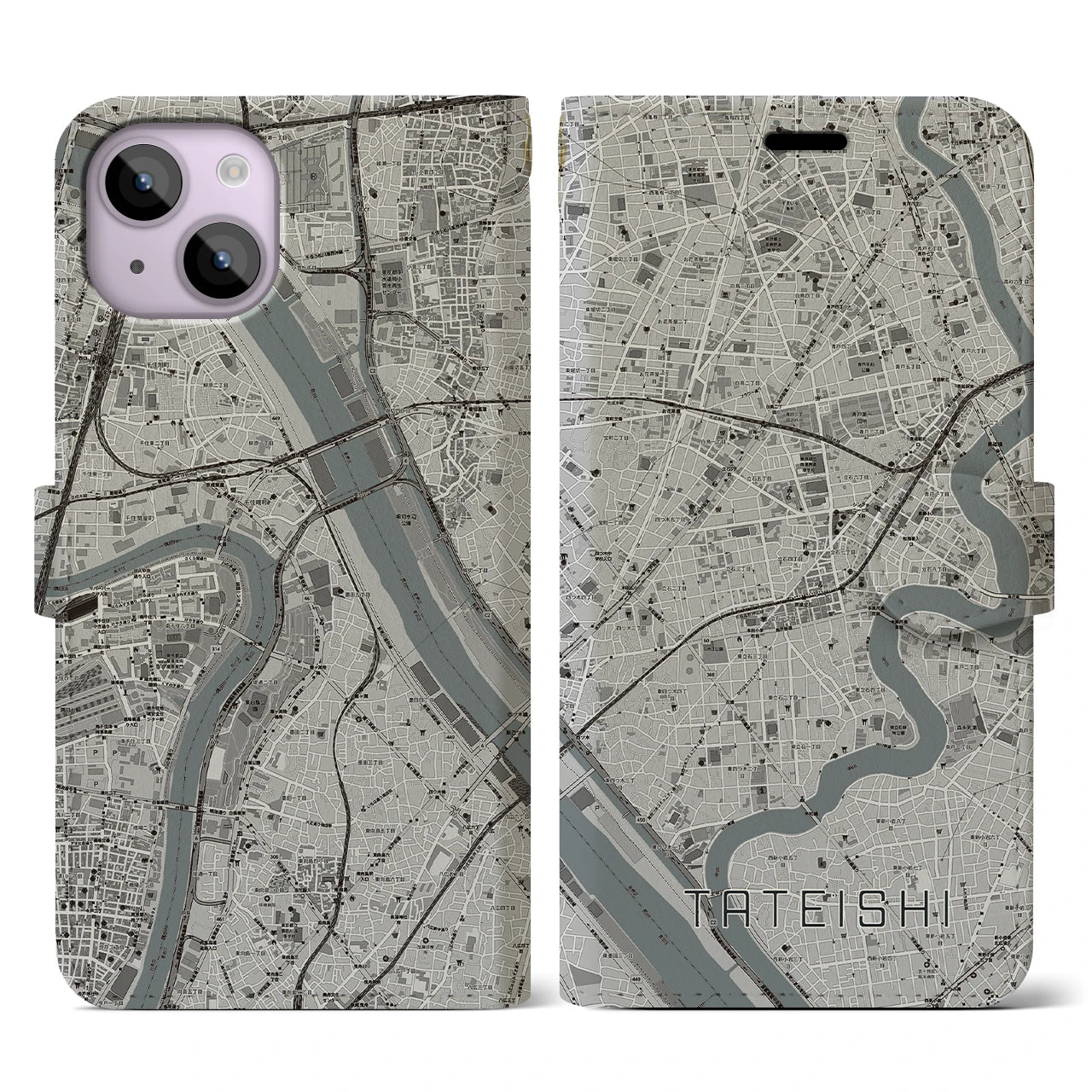 【立石(東京都)】地図柄iPhoneケース(手帳タイプ)モノトーン・iPhone 14 用