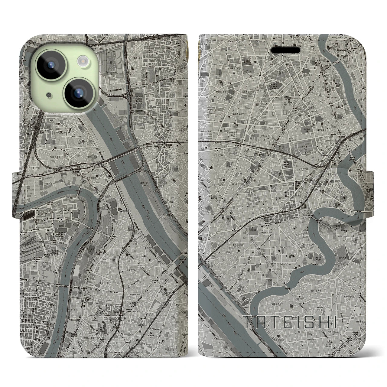 【立石(東京都)】地図柄iPhoneケース(手帳タイプ)モノトーン・iPhone 15 用