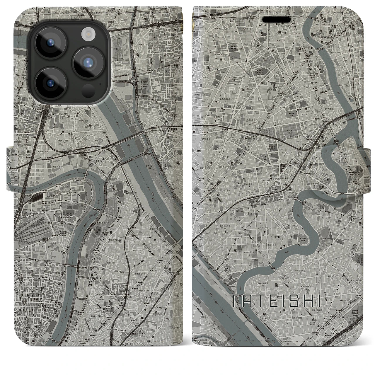 【立石(東京都)】地図柄iPhoneケース(手帳タイプ)モノトーン・iPhone 15 Pro Max 用