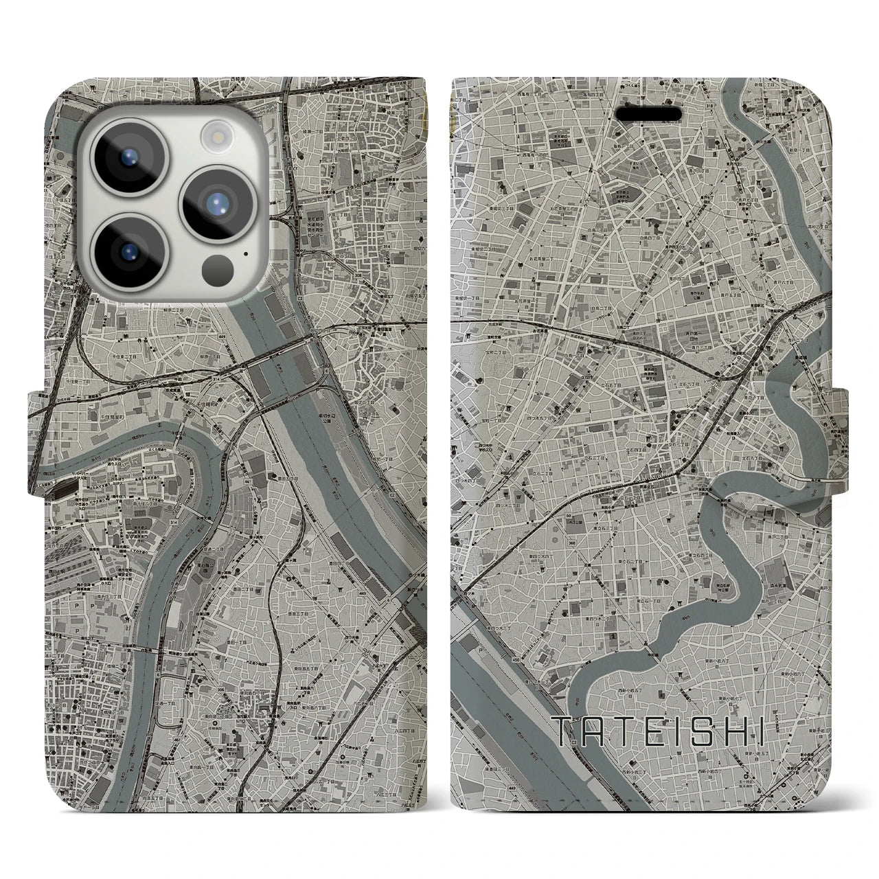 【立石(東京都)】地図柄iPhoneケース(手帳タイプ)モノトーン・iPhone 15 Pro 用