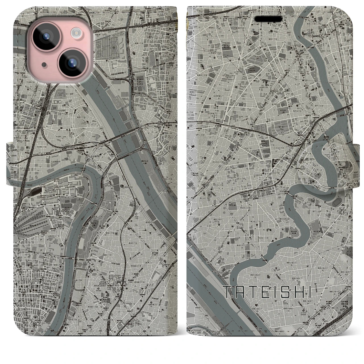 【立石(東京都)】地図柄iPhoneケース(手帳タイプ)モノトーン・iPhone 15 Plus 用