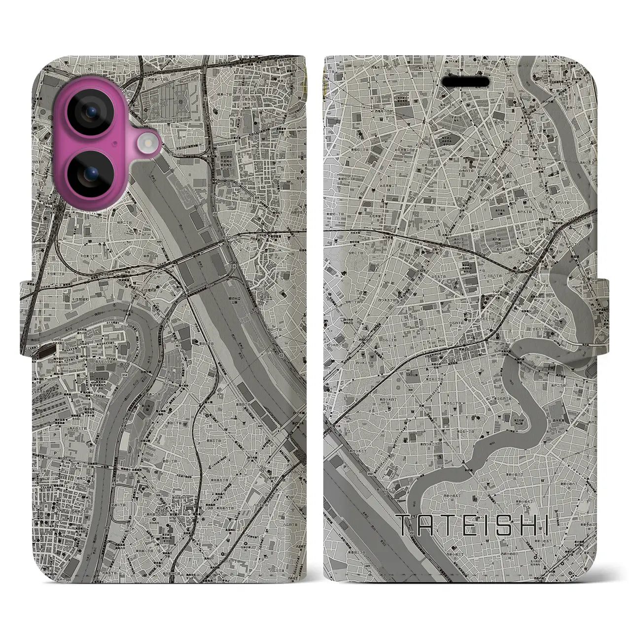 【立石(東京都)】地図柄iPhoneケース(手帳タイプ)モノトーン・iPhone 16 Pro 用