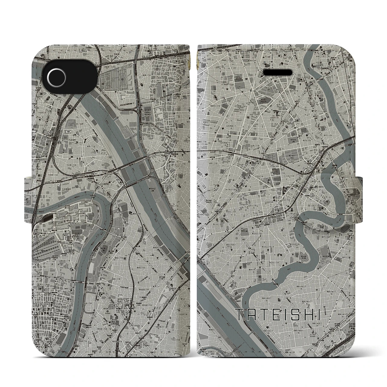 【立石(東京都)】地図柄iPhoneケース(手帳タイプ)モノトーン・iPhone SE(第3 / 第2世代) / 8 / 7 / 6s / 6 用