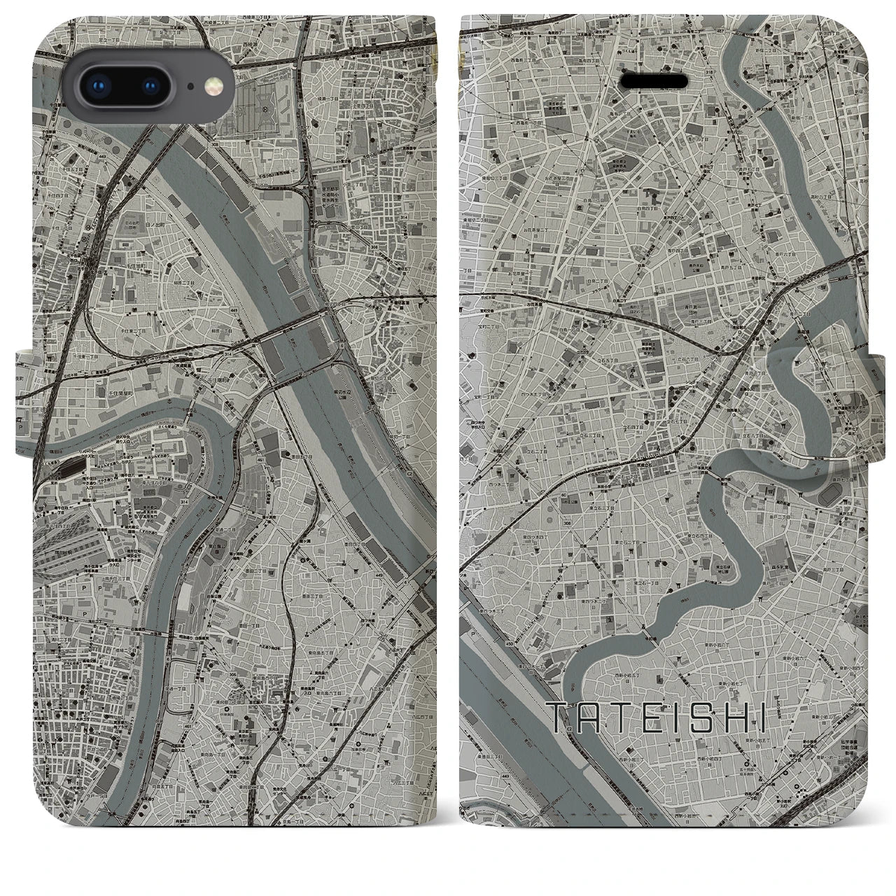 【立石(東京都)】地図柄iPhoneケース(手帳タイプ)モノトーン・iPhone 8Plus /7Plus / 6sPlus / 6Plus 用