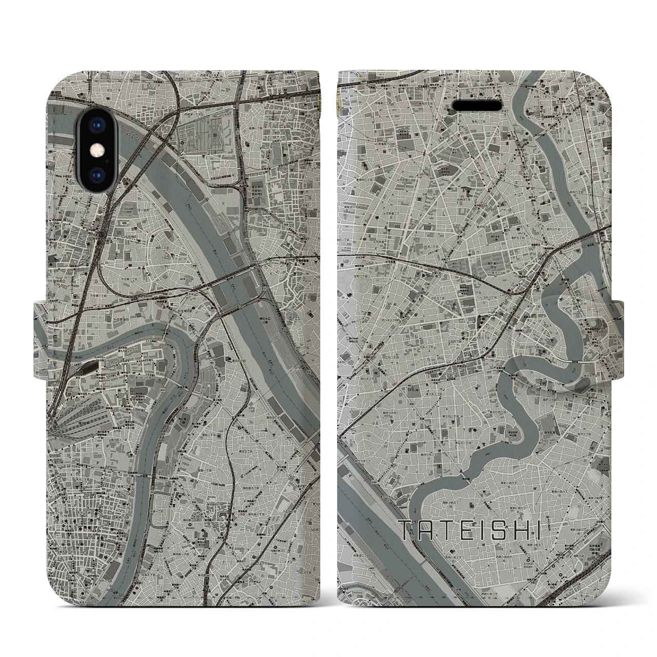 【立石(東京都)】地図柄iPhoneケース(手帳タイプ)モノトーン・iPhone XS / X 用