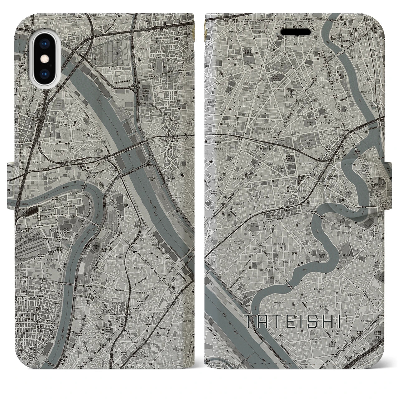 【立石(東京都)】地図柄iPhoneケース(手帳タイプ)モノトーン・iPhone XS Max 用