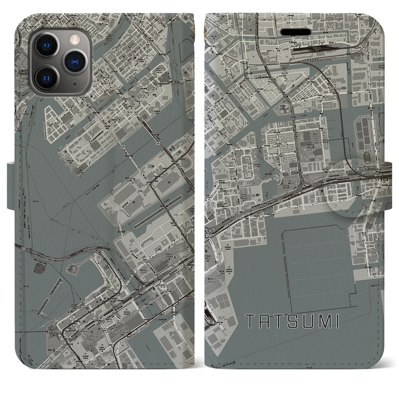 【辰巳(東京都)】地図柄iPhoneケース(手帳タイプ)モノトーン・iPhone 11 Pro Max 用