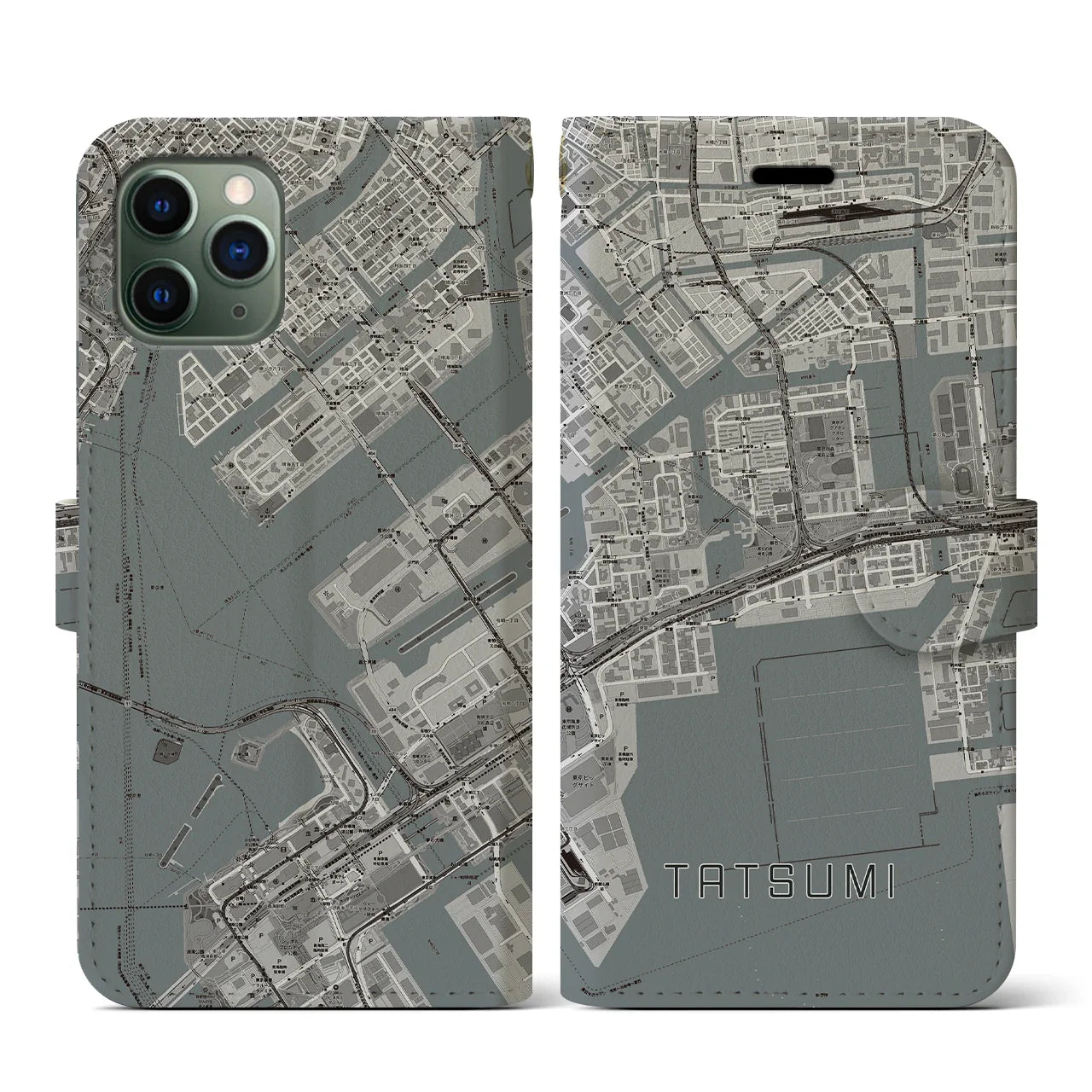 【辰巳(東京都)】地図柄iPhoneケース(手帳タイプ)モノトーン・iPhone 11 Pro 用