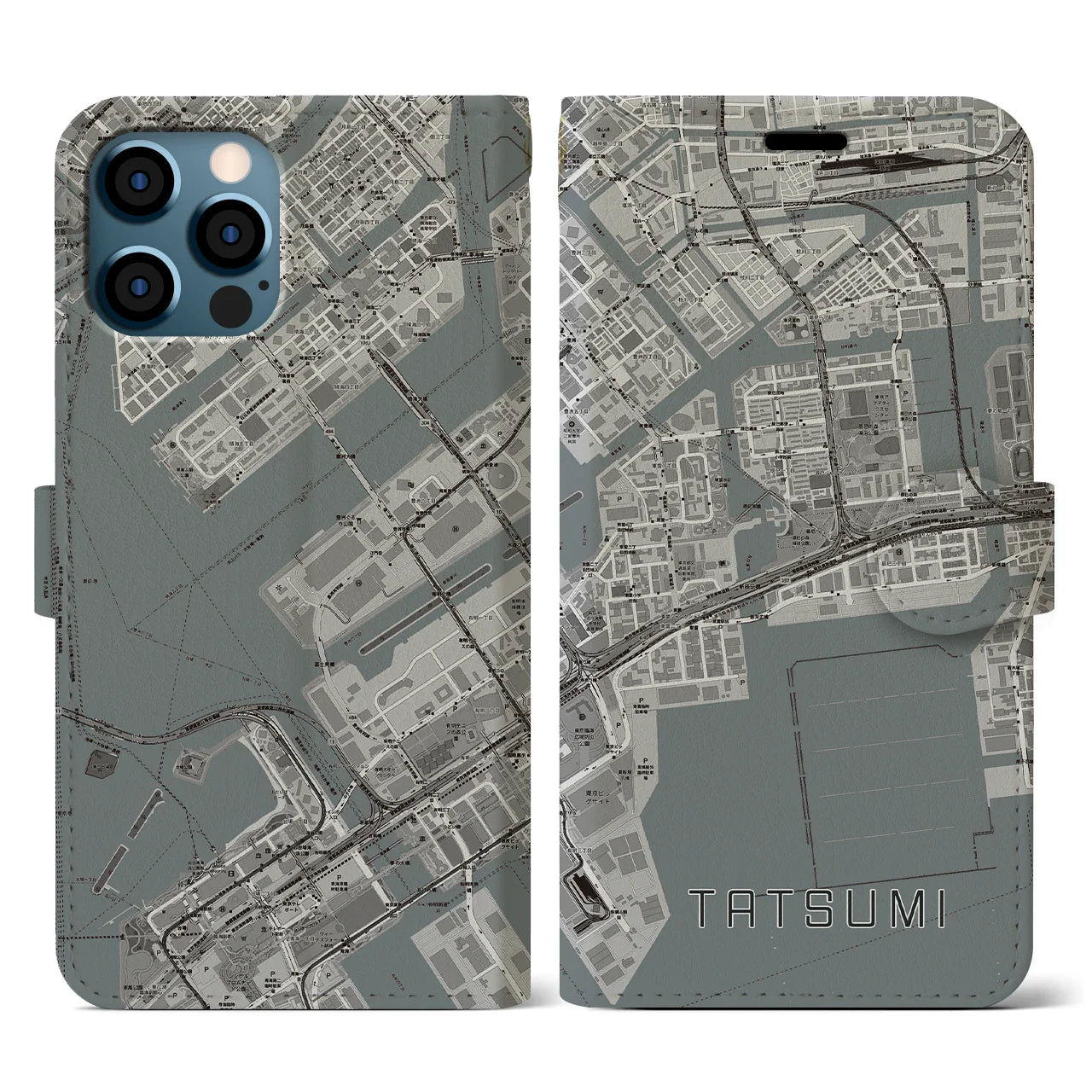 【辰巳(東京都)】地図柄iPhoneケース(手帳タイプ)モノトーン・iPhone 12 / 12 Pro 用