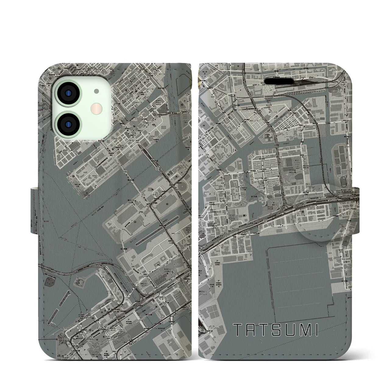 【辰巳(東京都)】地図柄iPhoneケース(手帳タイプ)モノトーン・iPhone 12 mini 用