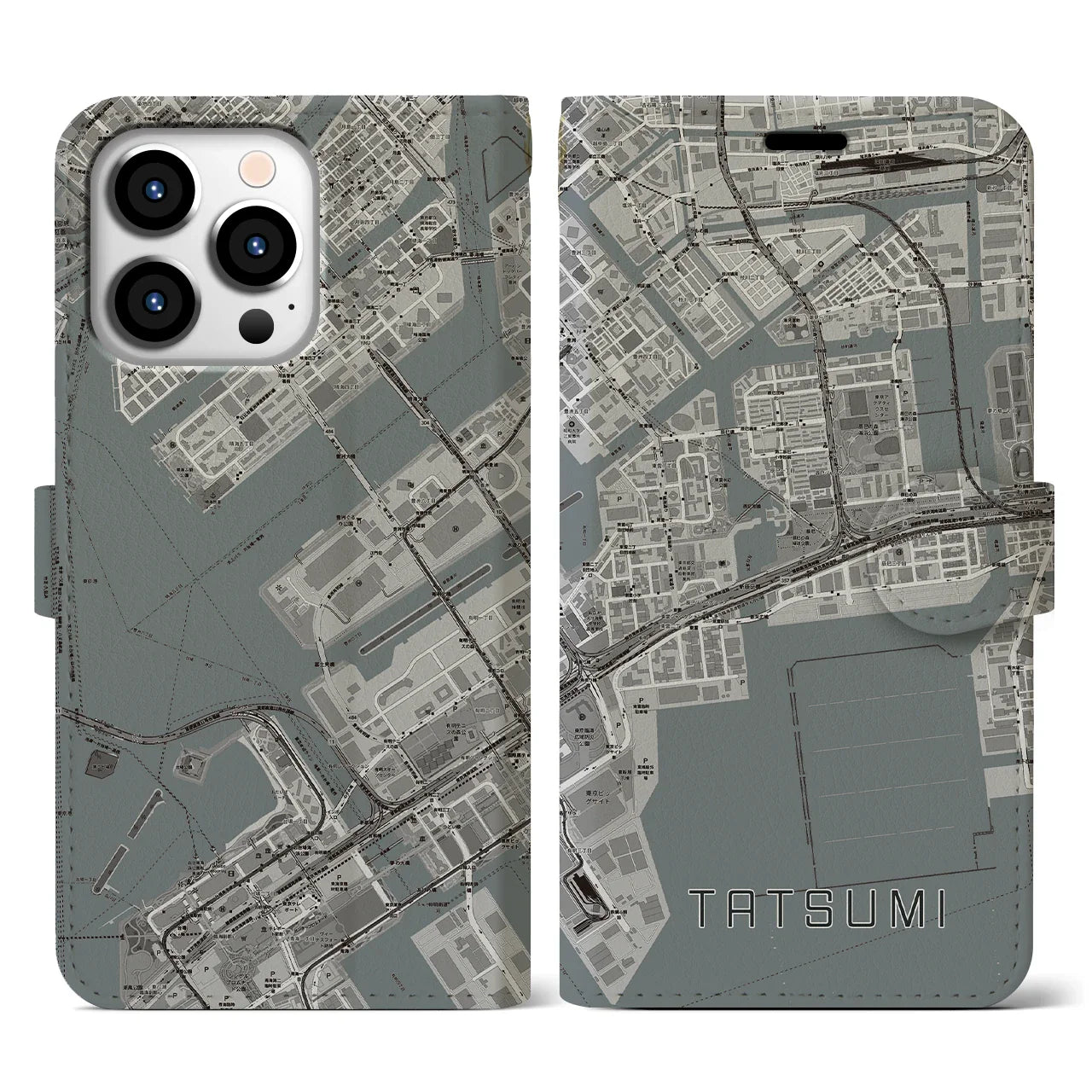 【辰巳(東京都)】地図柄iPhoneケース(手帳タイプ)モノトーン・iPhone 13 Pro 用
