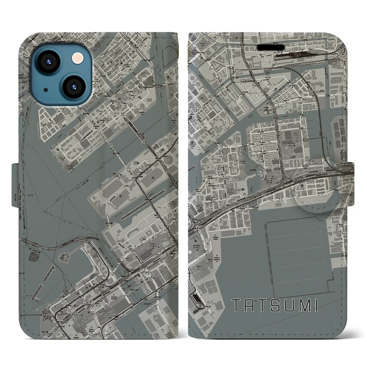 【辰巳(東京都)】地図柄iPhoneケース(手帳タイプ)モノトーン・iPhone 13 用