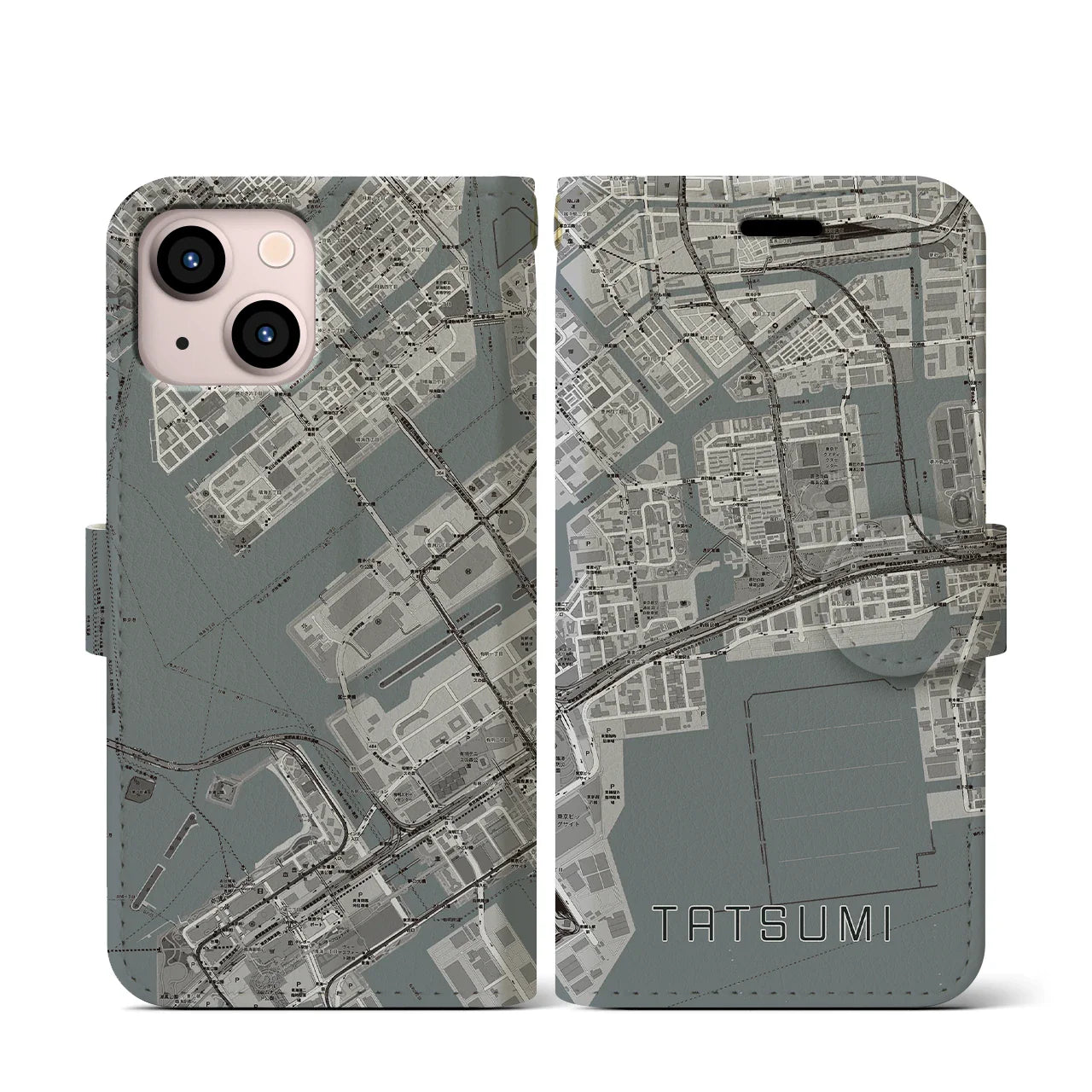 【辰巳(東京都)】地図柄iPhoneケース(手帳タイプ)モノトーン・iPhone 13 mini 用