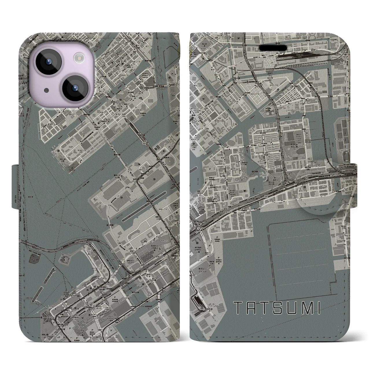 【辰巳(東京都)】地図柄iPhoneケース(手帳タイプ)モノトーン・iPhone 14 用
