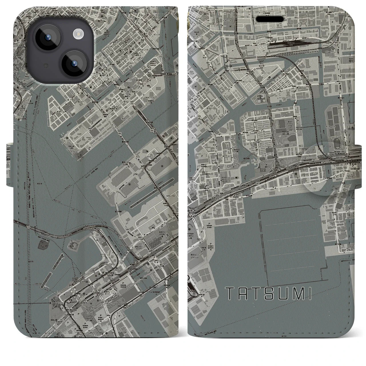 【辰巳(東京都)】地図柄iPhoneケース(手帳タイプ)モノトーン・iPhone 14 Plus 用