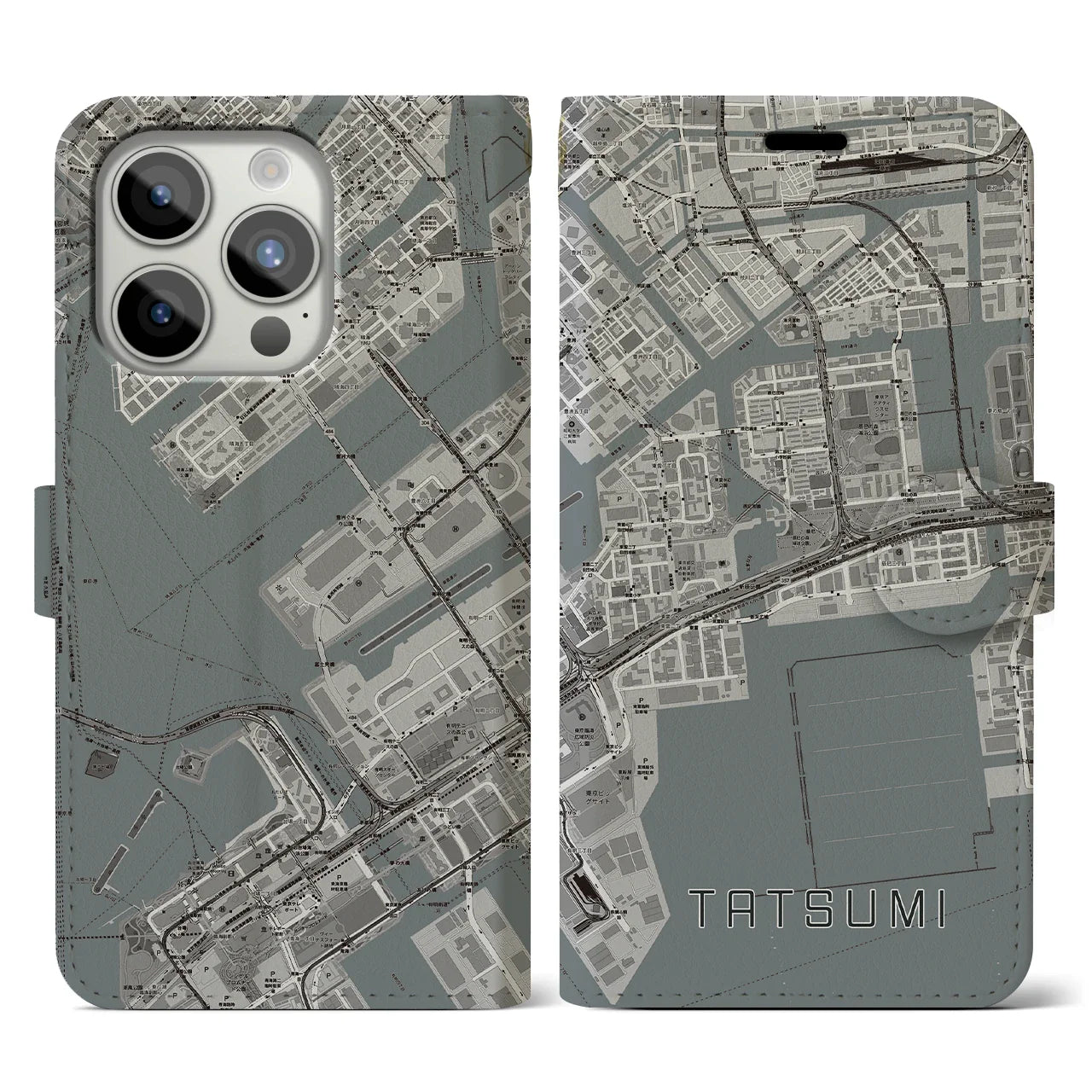 【辰巳(東京都)】地図柄iPhoneケース(手帳タイプ)モノトーン・iPhone 15 Pro 用