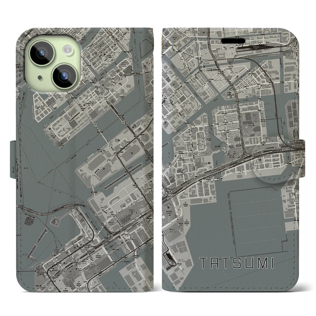 【辰巳(東京都)】地図柄iPhoneケース(手帳タイプ)モノトーン・iPhone 15 用